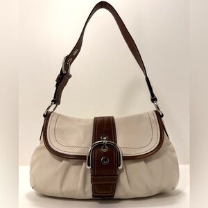 Coach Soho Pleated Flap Shoulder Bag F15204 Ivory Leather Brown Trim Buckle
